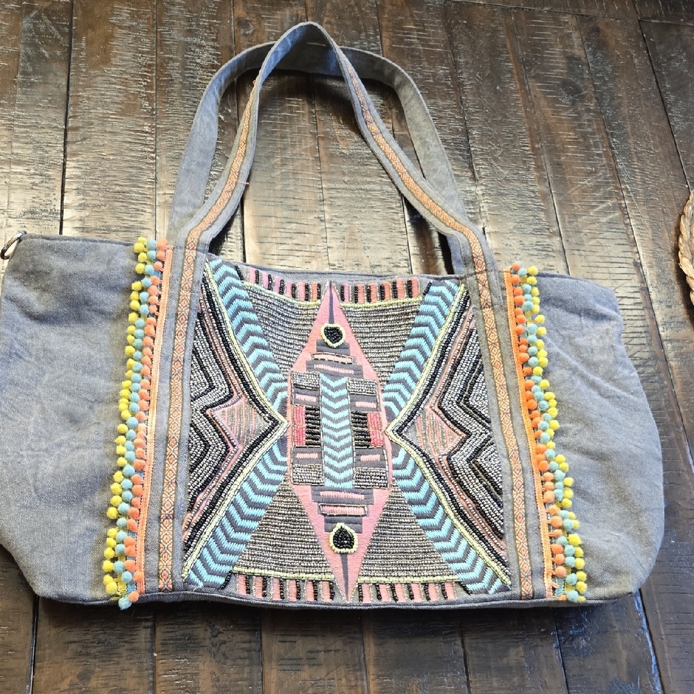 Canvas Multicolor Embroidered Tote